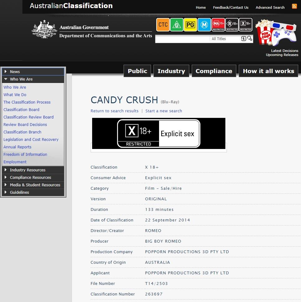 Kim Cums: Candy Crush Klassifizierung X-18 +