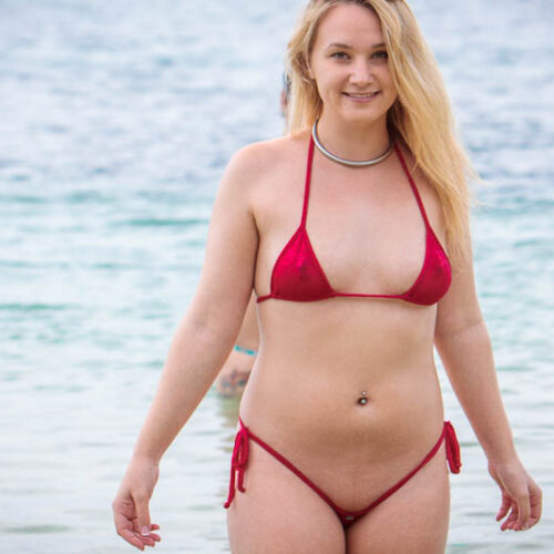 Kim Cums: Berry Red Micro-bikini I