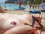 Mesh Bikini op Waikiki Topless Pierced Nipples Closeup