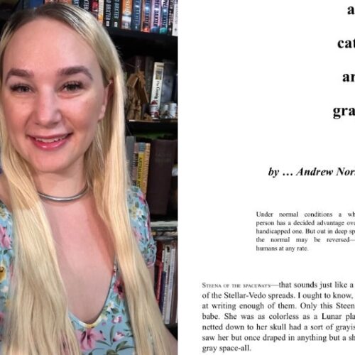 A selfie of me wearing a blue floral dress, on the other half of the image is a screenshot of the title of the short story we read called "All Cats are Gray"