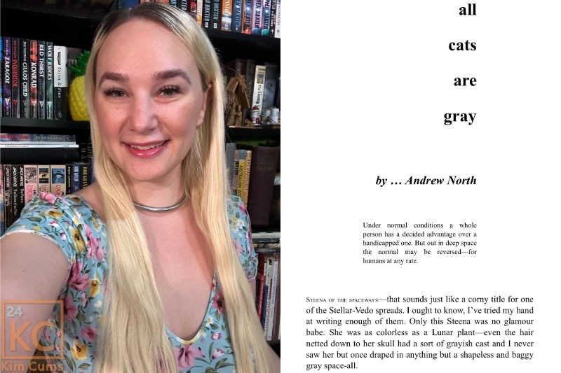 A selfie of me wearing a blue floral dress, on the other half of the image is a screenshot of the title of the short story we read called "All Cats are Gray"